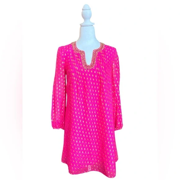 Lilly Pulitzer Pink and Gold Silk “Colby” Dress - Picture 1 of 10